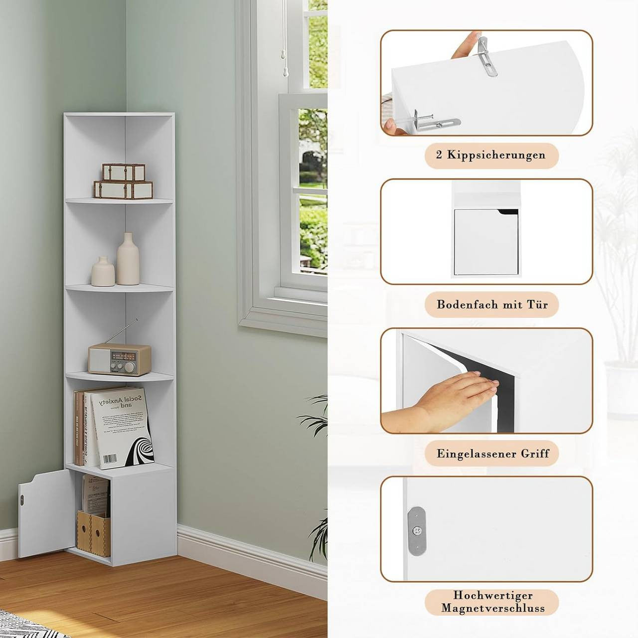 24goodz Corner Shelf with Door - Space-Saving Design - E1 Wood Material - For Home Organization - White
