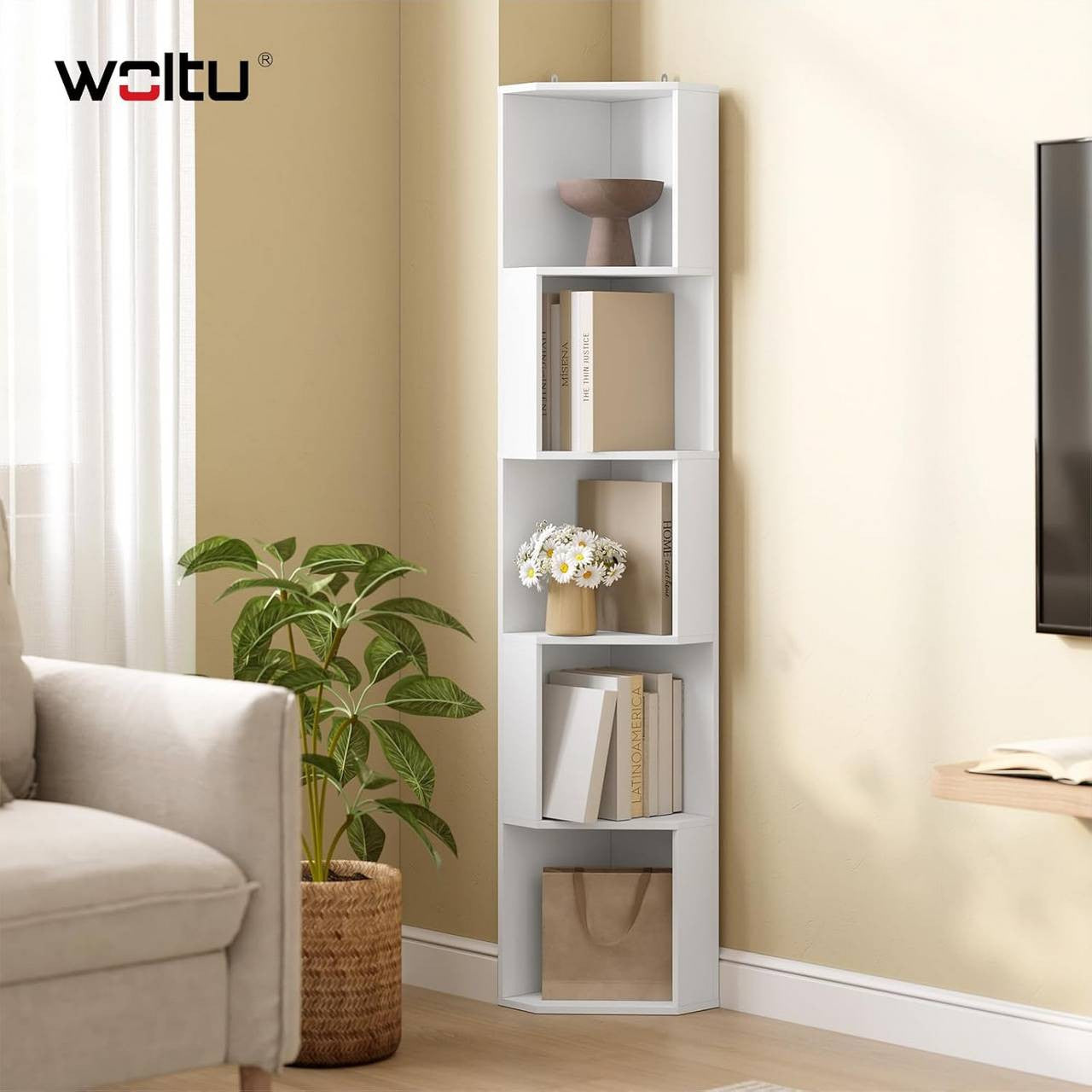 24goodz Corner Shelf Bookcase - Stable and Durable - Space-Saving Design - E1 Chipboard - For Home and Office - White
