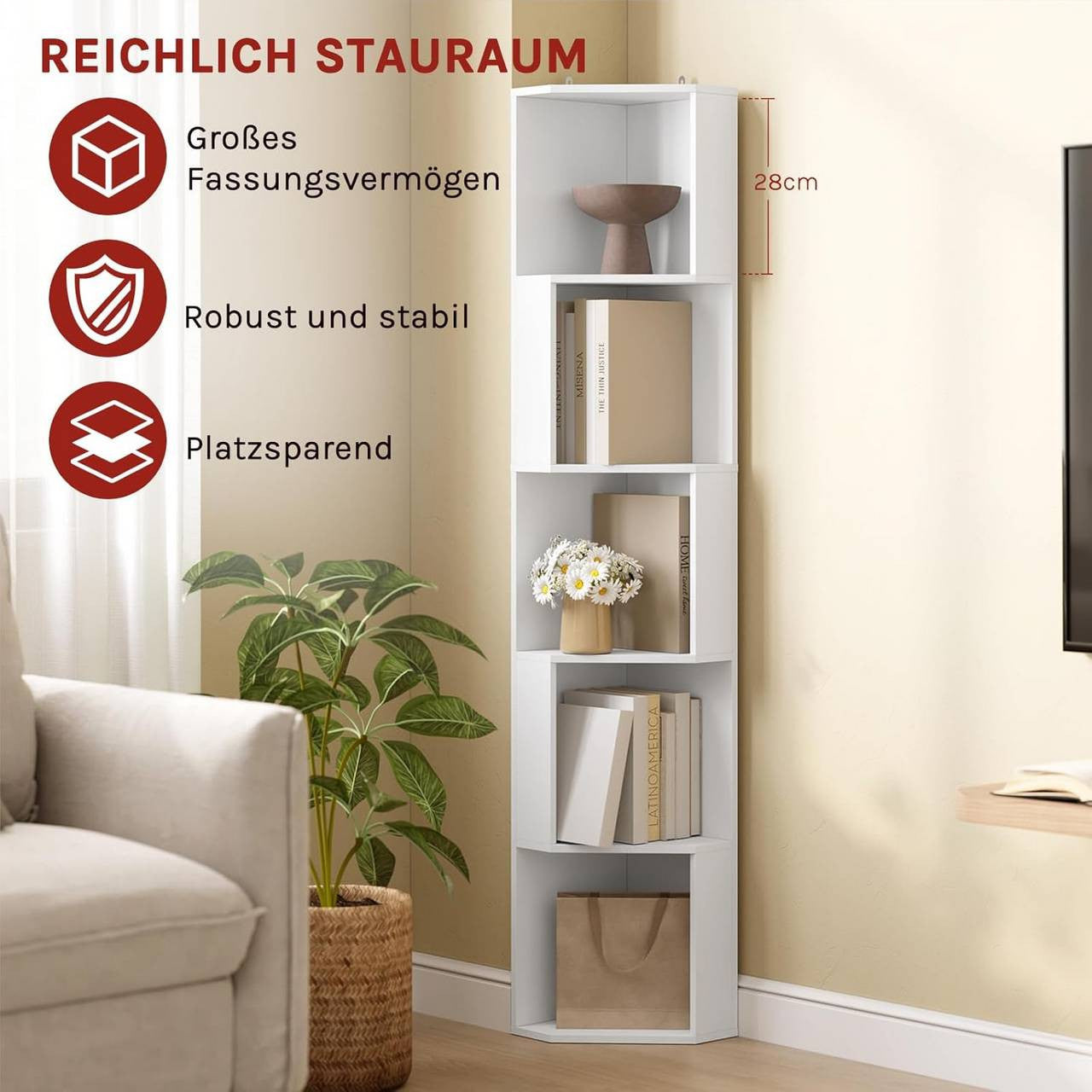 24goodz Corner Shelf Bookcase - Stable and Durable - Space-Saving Design - E1 Chipboard - For Home and Office - White