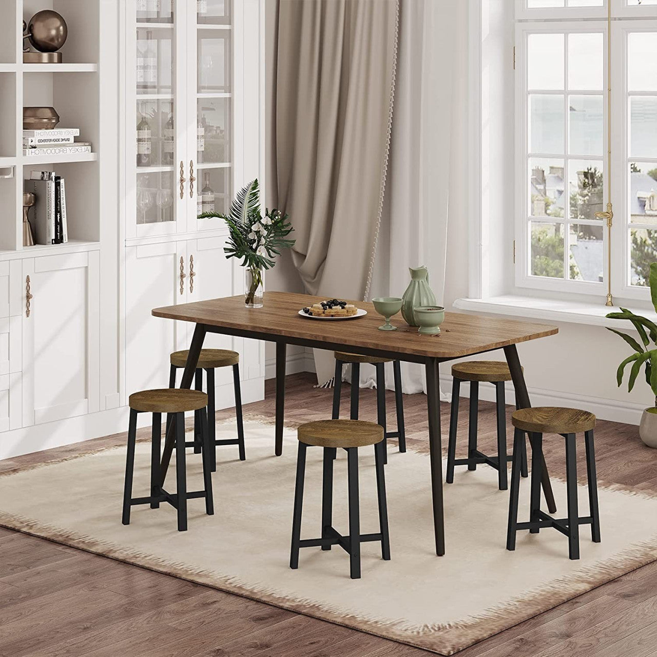 24goodz Set of 2 Dining Stools - Stylish Vintage Design - Sturdy Metal Legs - E1 Wood - For Home & Office - Vintage Wood Grain + Black