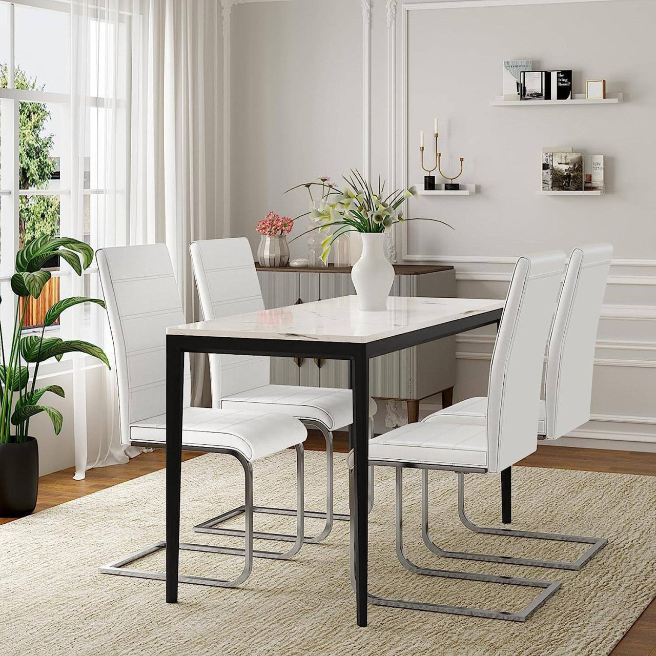 24goodz Dining Chair Set of 6 - Stable and Stylish Design - Easy to Assemble - Faux Leather + Metal - White