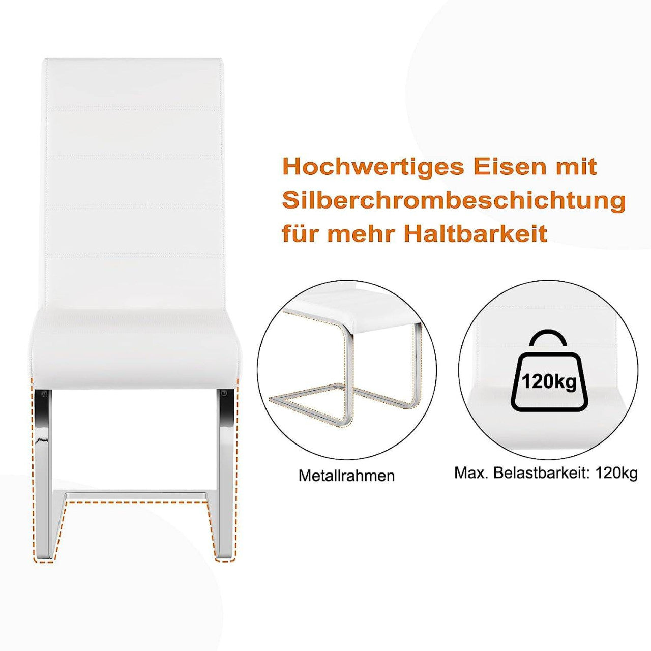24goodz Dining Chair Set of 6 - Stable and Stylish Design - Easy to Assemble - Faux Leather + Metal - White