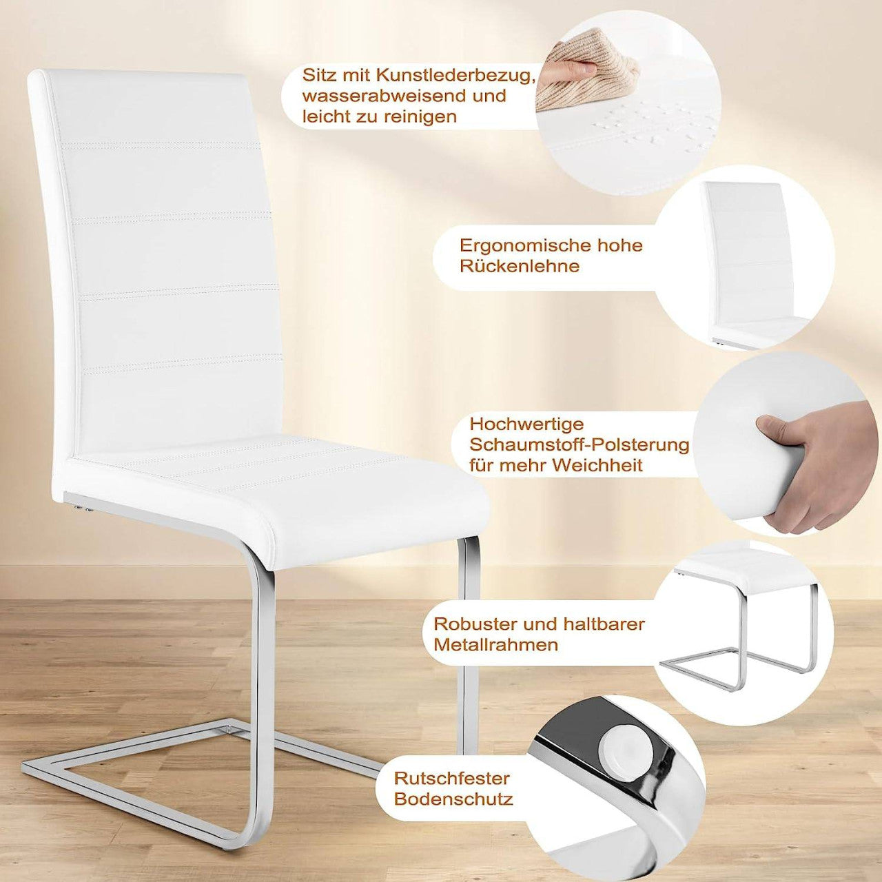 24goodz Dining Chair Set of 6 - Stable and Stylish Design - Easy to Assemble - Faux Leather + Metal - White