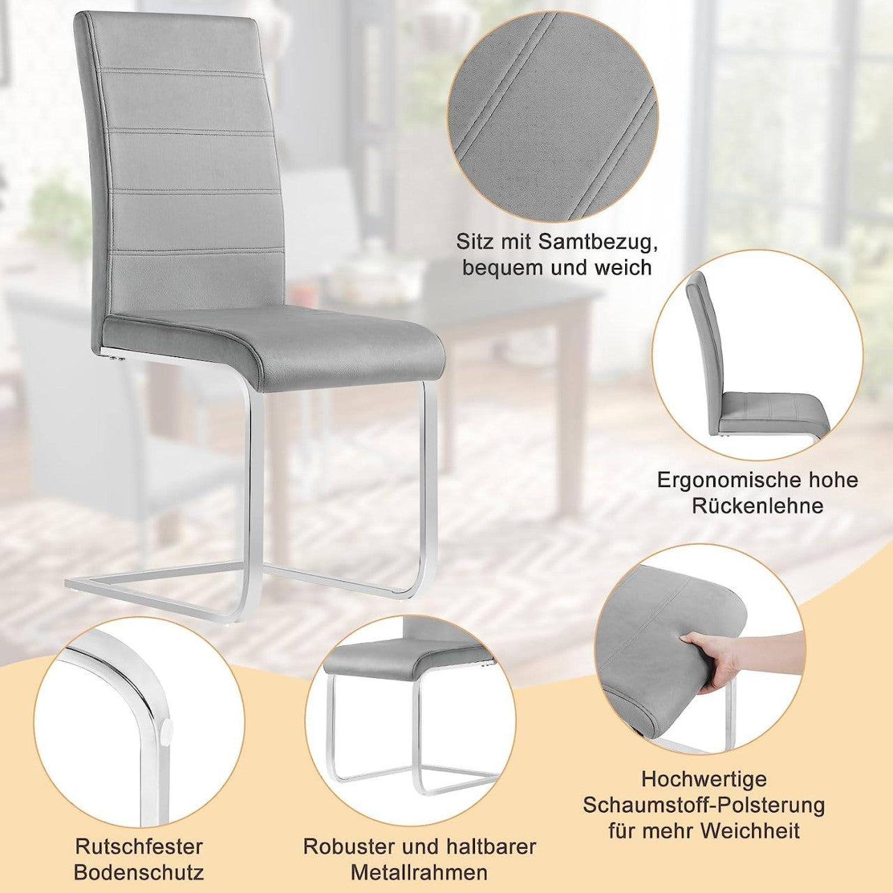 24goodz Velvet Dining Chairs Set of 2 - Ergonomic Comfort - Sturdy Metal Frame - Velvet + Metal - Dark Grey