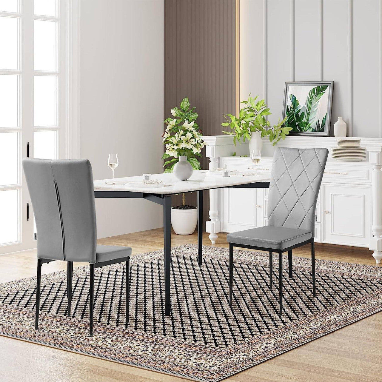 24goodz Set of 4 Velvet Dining Chairs - Ergonomic High Back Support - Durable Metal Frame - For Family Gatherings - Dark Grey
