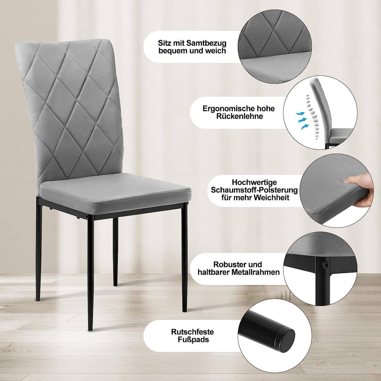 24goodz Set of 4 Velvet Dining Chairs - Ergonomic High Back Support - Durable Metal Frame - For Family Gatherings - Dark Grey