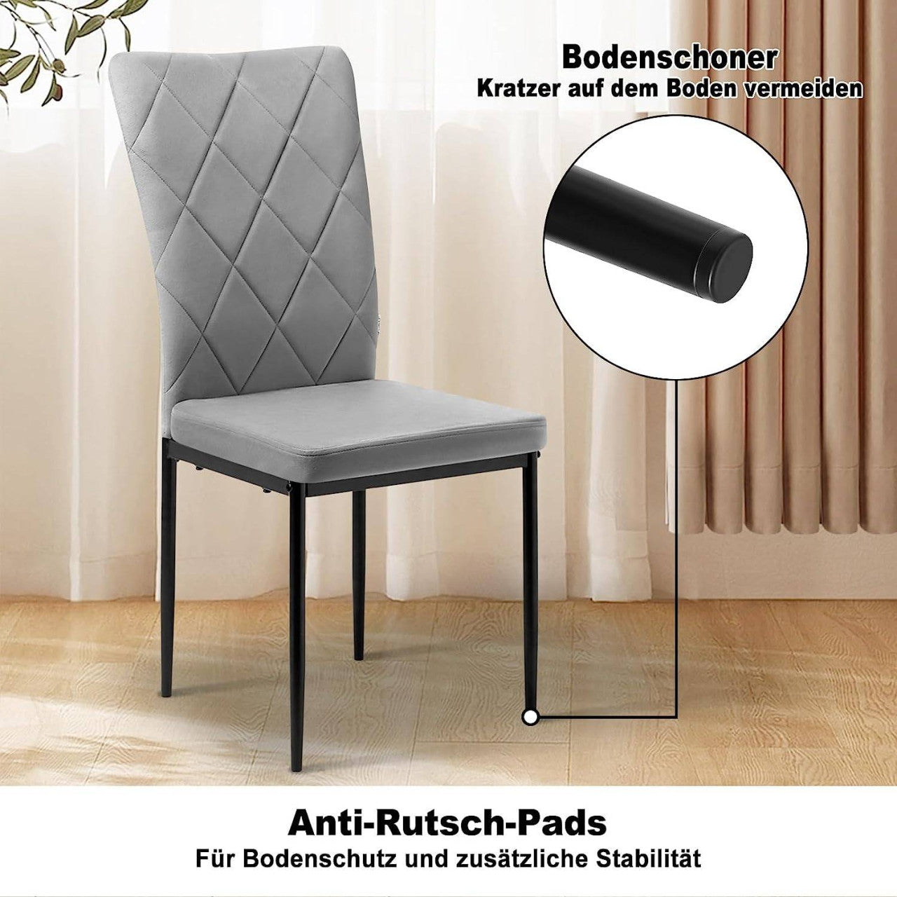 24goodz Set of 4 Velvet Dining Chairs - Ergonomic High Back Support - Durable Metal Frame - For Family Gatherings - Dark Grey