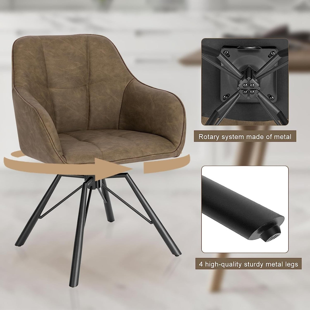 24goodz Set of 4 Swivel Dining Chairs - 360° Rotatable Design - Ergonomic Comfort - Vintage Leather - Brown