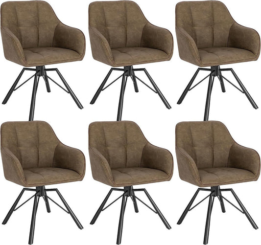 24goodz Set of 6 Swivel Dining Chairs - 360° Rotatable Design - Ergonomic Comfort - Vintage Leather + Metal - Brown