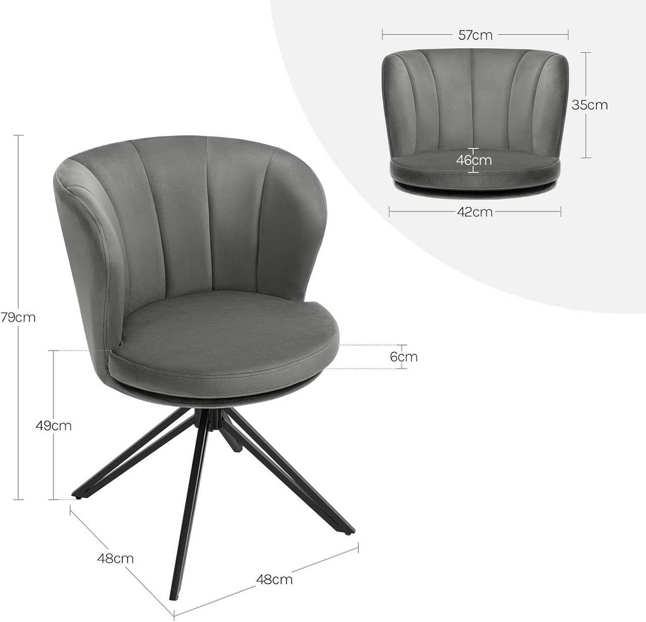 24goodz Velvet Dining Chairs Set of 2 - 360° Rotatable - Ergonomic Design - Velvet + Metal - Dark Grey