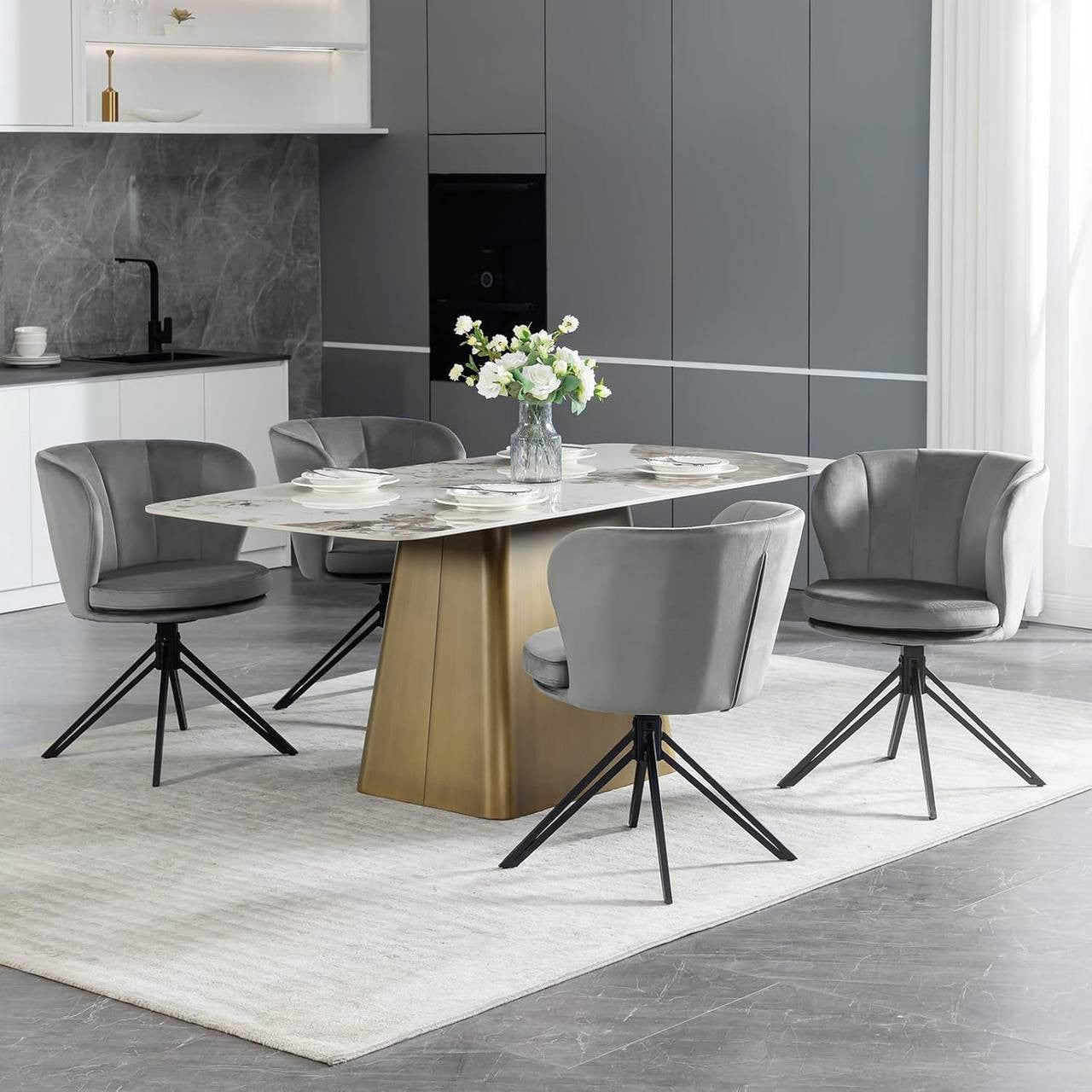 24goodz Velvet Dining Chairs Set of 2 - 360° Rotatable - Ergonomic Design - Velvet + Metal - Dark Grey