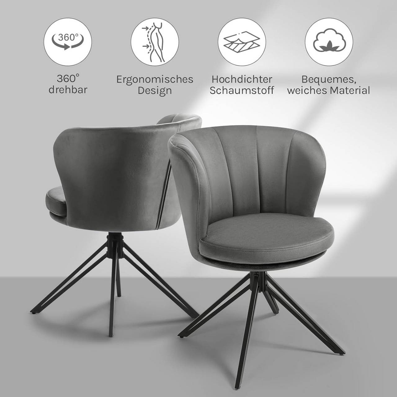 24goodz Velvet Dining Chairs Set of 2 - 360° Rotatable - Ergonomic Design - Velvet + Metal - Dark Grey