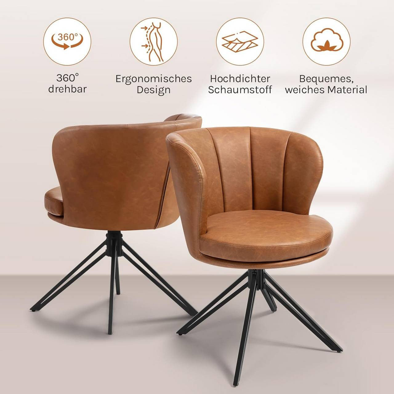 24goodz Dining Chairs Set of 2 - 360° Rotatable - Ergonomic Design - Faux Leather - Brown/Dark Brown
