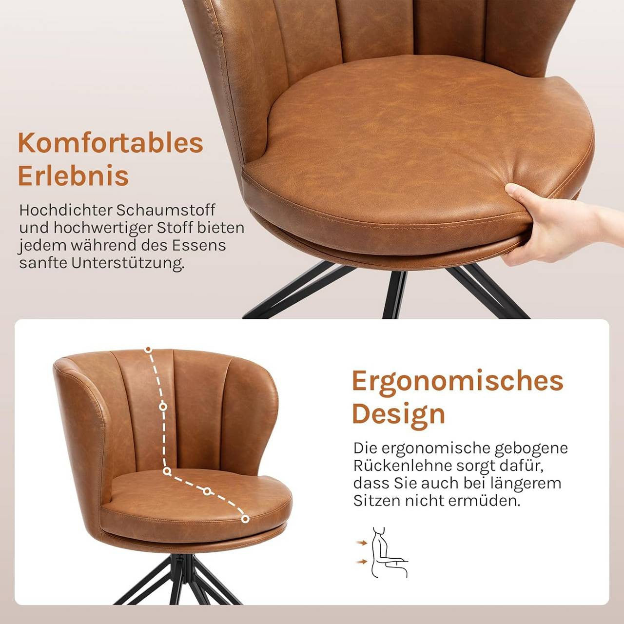 24goodz Dining Chairs Set of 2 - 360° Rotatable - Ergonomic Design - Faux Leather - Brown/Dark Brown