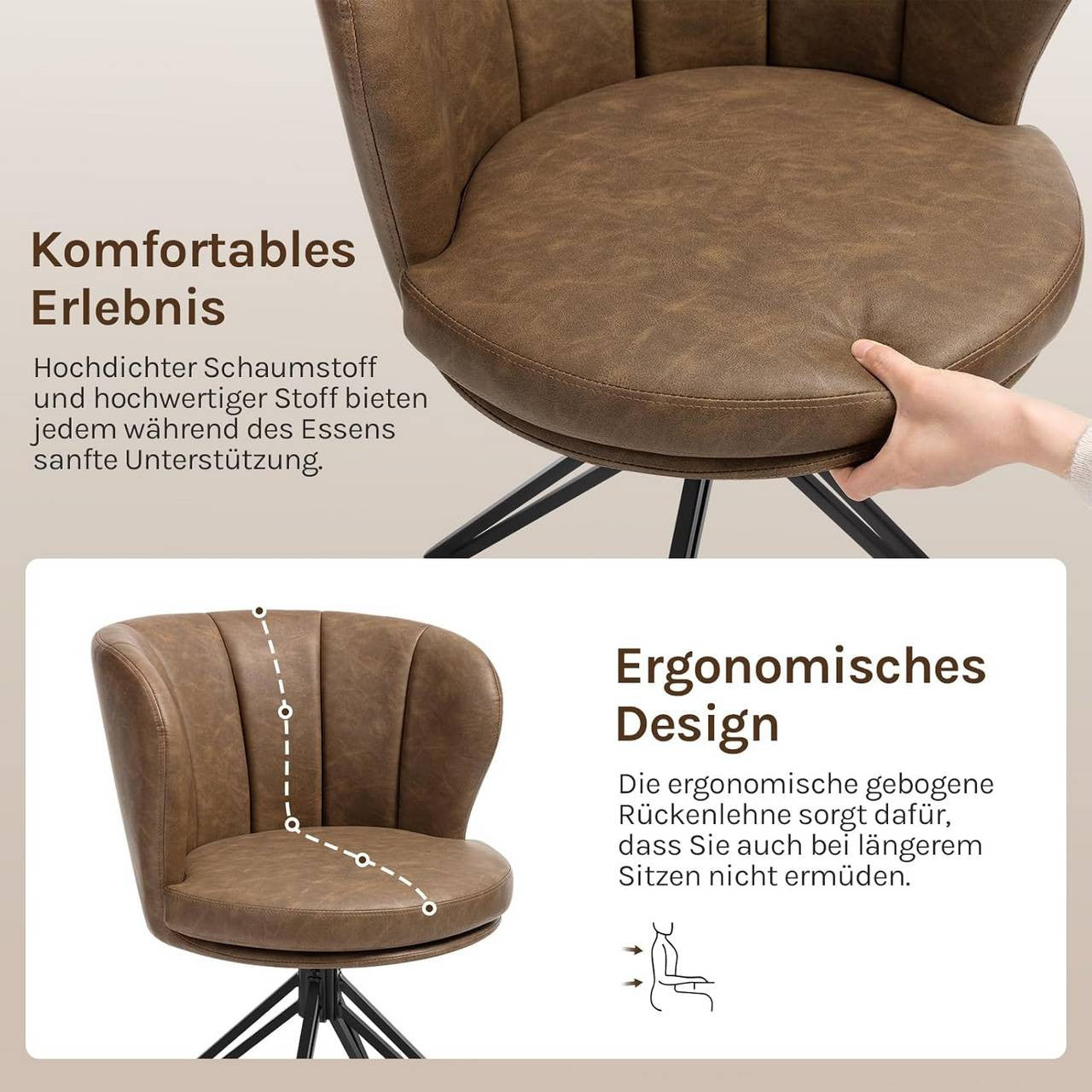 24goodz Dining Chairs Set of 2 - 360° Rotatable - Ergonomic Design - Faux Leather - Dark Brown