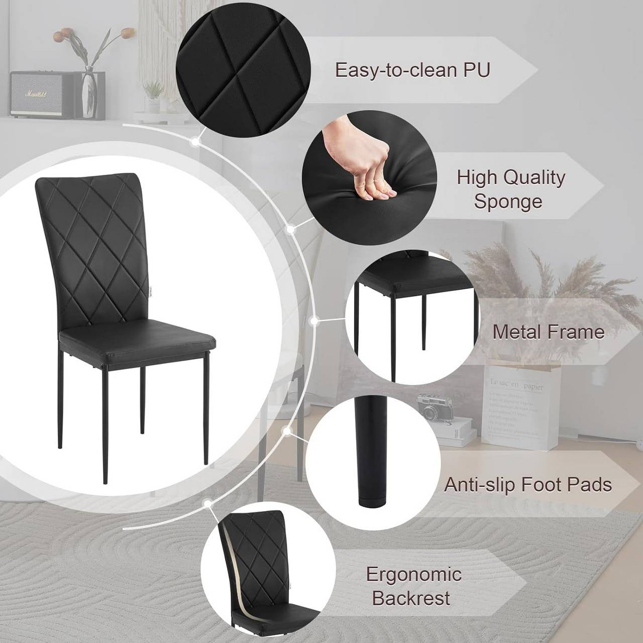 24goodz Dining Chairs Set of 4 - Ergonomic High Back Design - Durable Metal Frame - For Home and Dining - Black