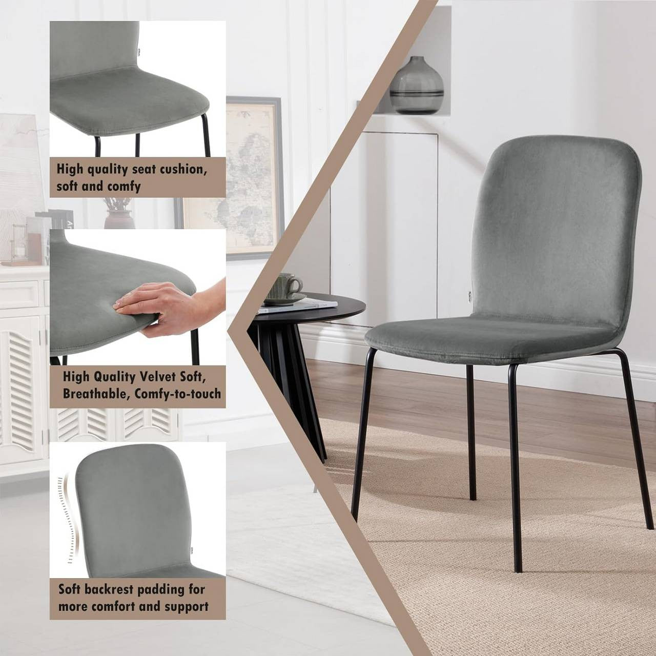 24goodz Set of 4 Dining Chairs - Ergonomic Comfort - Space-Saving Stackable Design - Velvet and Metal - Dark Grey