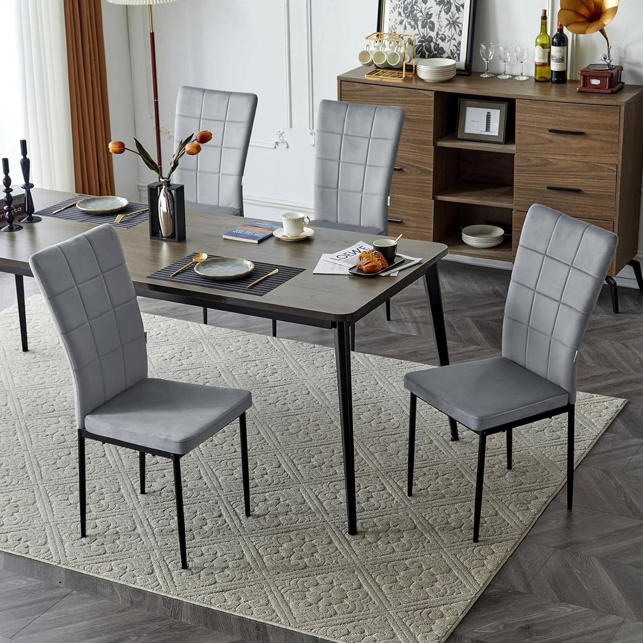 24goodz Dining Chairs Set of 4 - Soft & Comfortable - Ergonomic Design - Velvet & Metal - Dark Grey