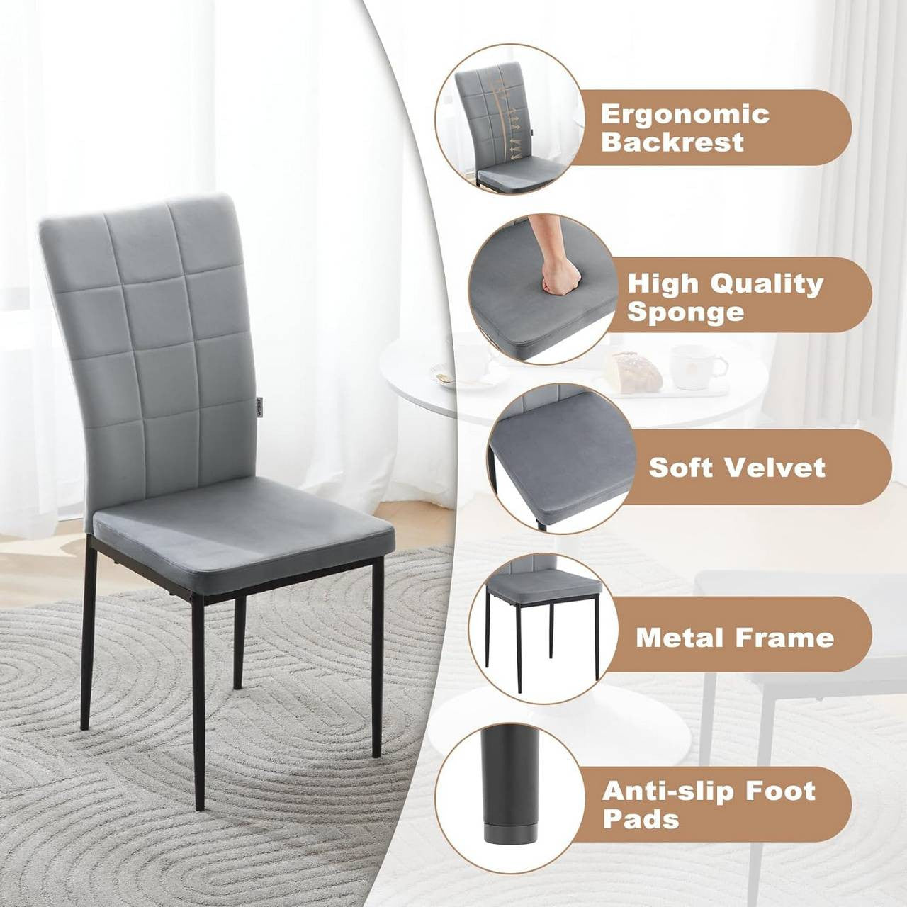 24goodz Dining Chairs Set of 4 - Soft & Comfortable - Ergonomic Design - Velvet & Metal - Dark Grey