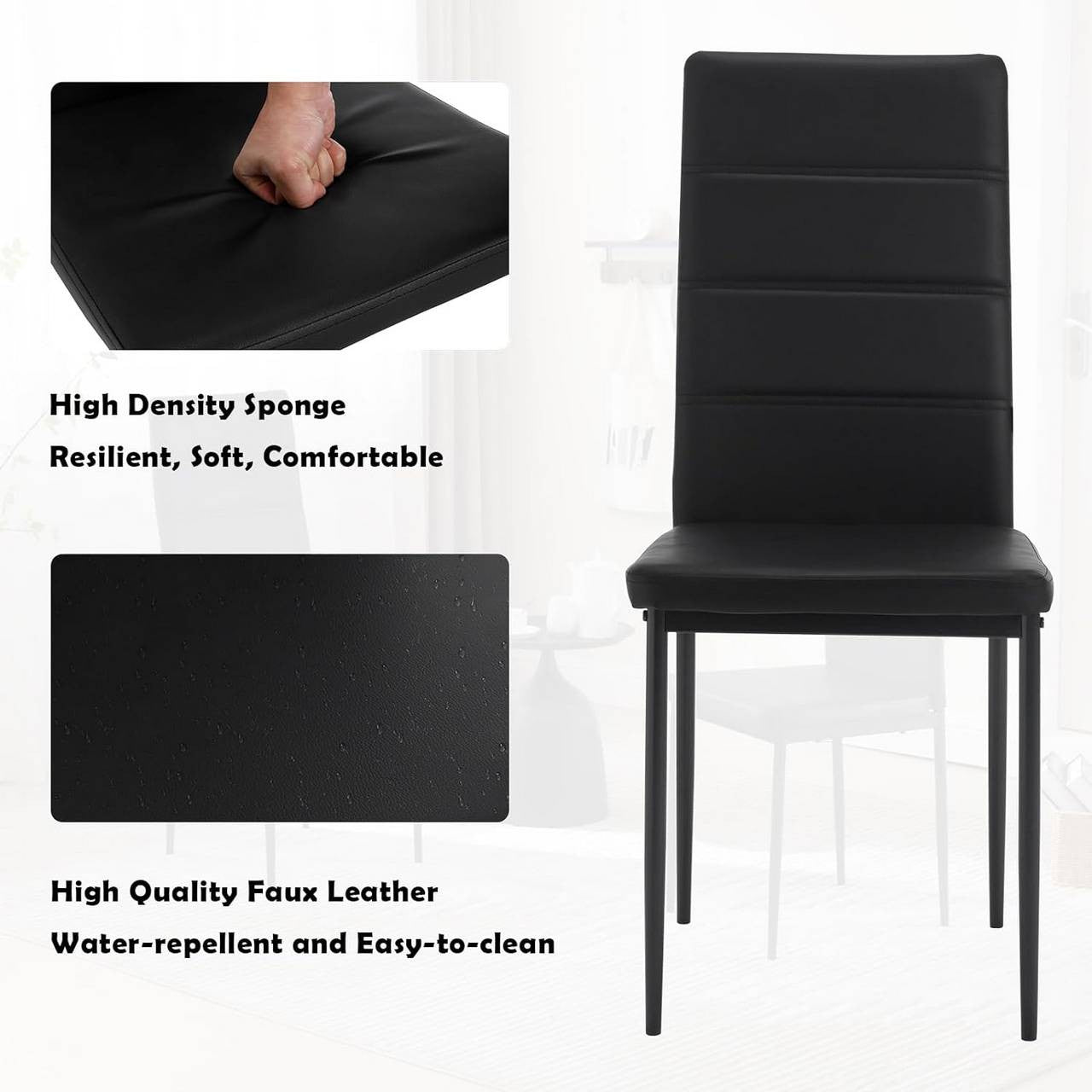 24goodz Set of 4 Dining Chairs - High Back for Maximum Comfort - Durable Faux Leather - For Family Meals - Black