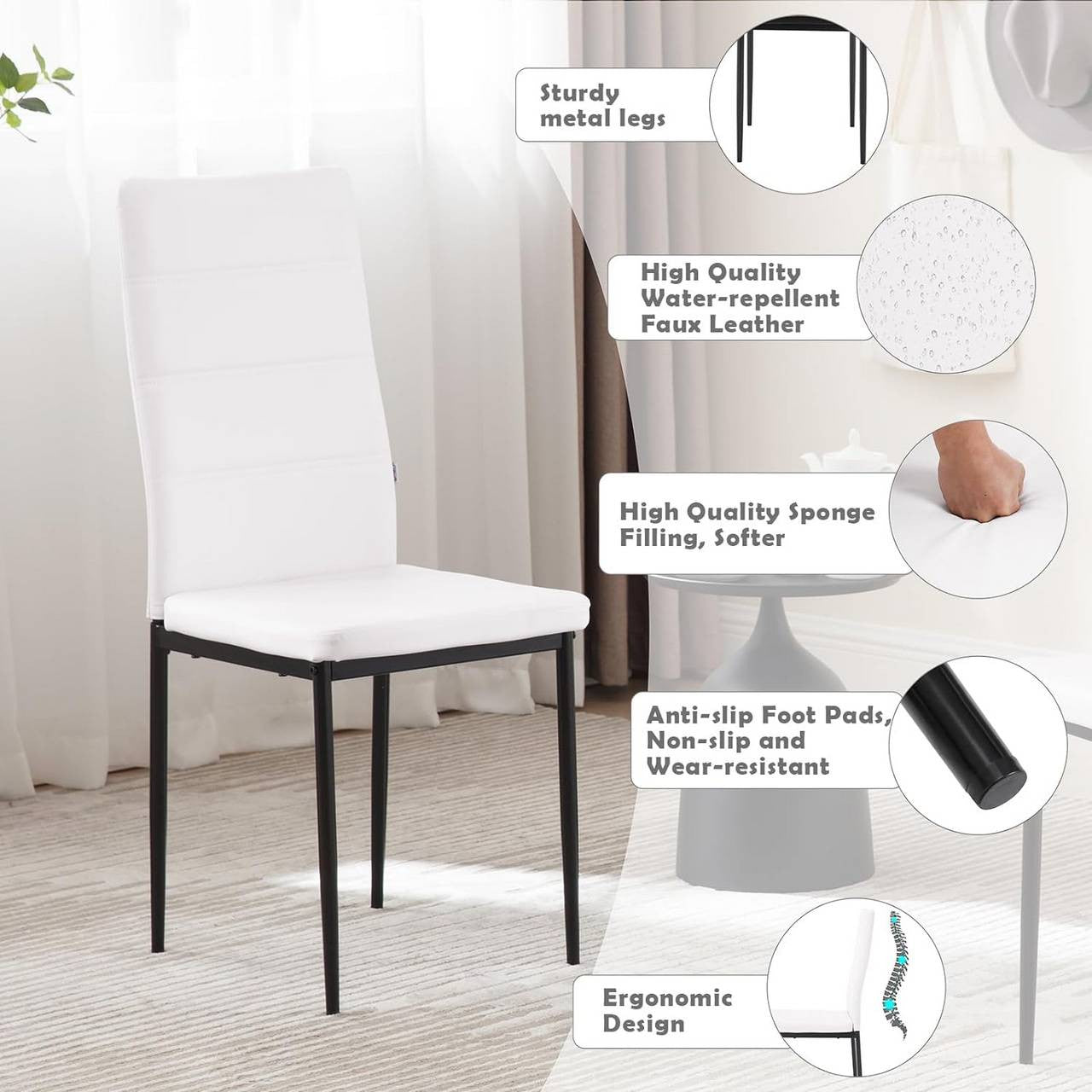 24goodz Dining Chairs Set of 4 - High Back Support - Durable Faux Leather - For Family Meals - White