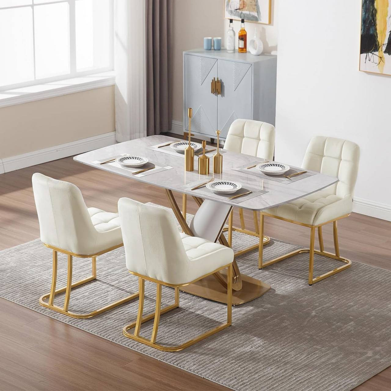24goodz Upholstered Dining Chair - Stable & Robust Design - Comfortable and Ergonomic - Velvet + Metal - Beige