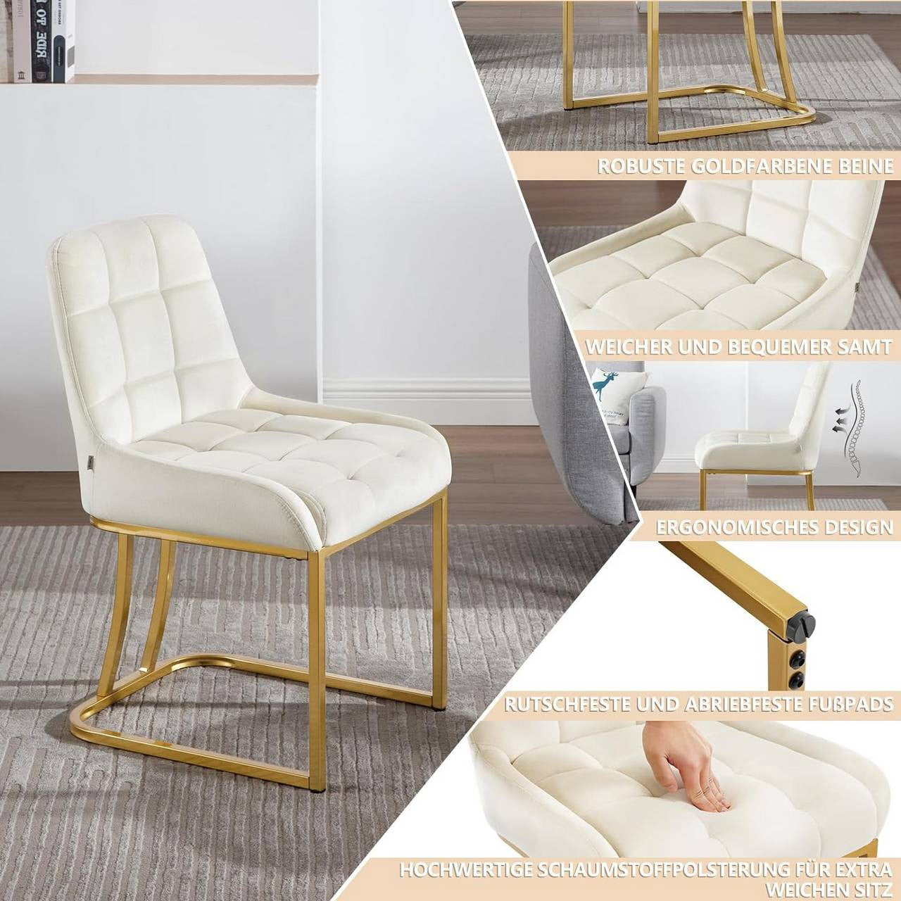 24goodz Upholstered Dining Chair - Stable & Robust Design - Comfortable and Ergonomic - Velvet + Metal - Beige