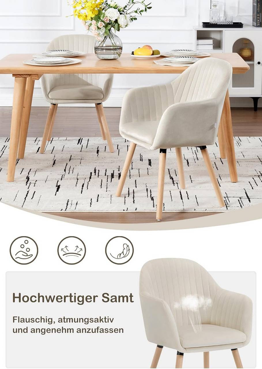 24goodz Set of 4 Dining Chairs - Ergonomic Comfort - Durable Design - Velvet and Solid Wood - Cream White - cm