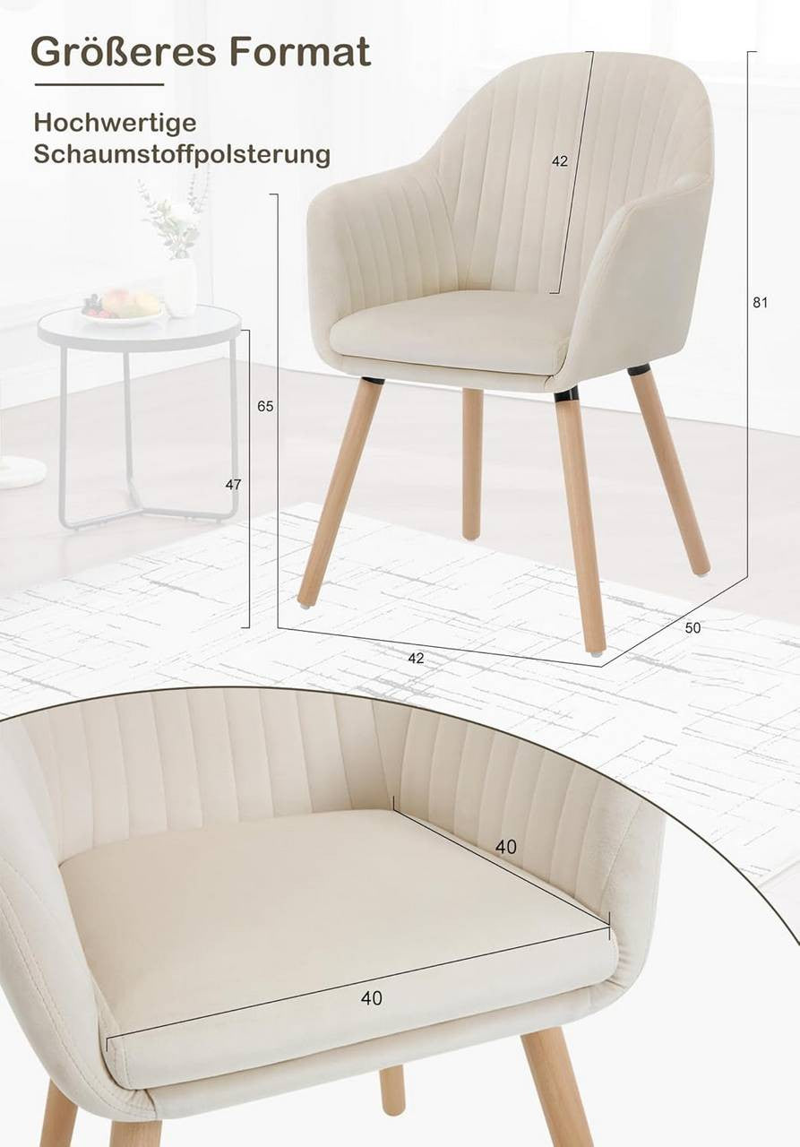 24goodz Set of 2 Dining Chairs - Ergonomic Comfort - Durable Design - Velvet and Solid Wood - Cream White - cm