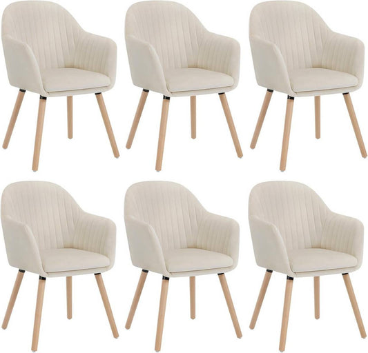 24goodz Set of 6 Dining Chairs - Ergonomic Comfort - Durable Design - Velvet and Solid Wood - Cream White - cm