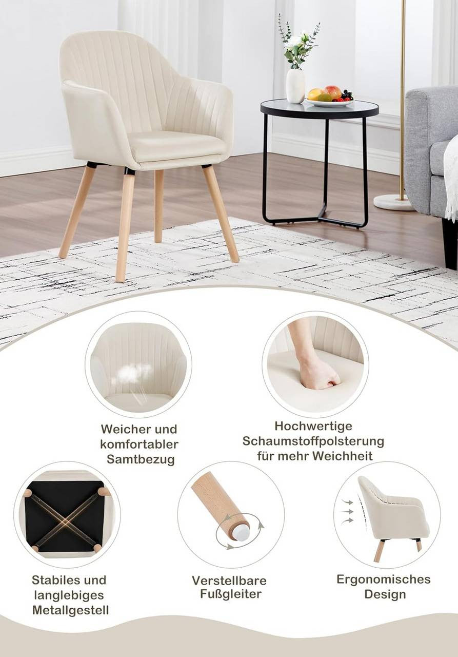 24goodz Set of 6 Dining Chairs - Ergonomic Comfort - Durable Design - Velvet and Solid Wood - Cream White - cm