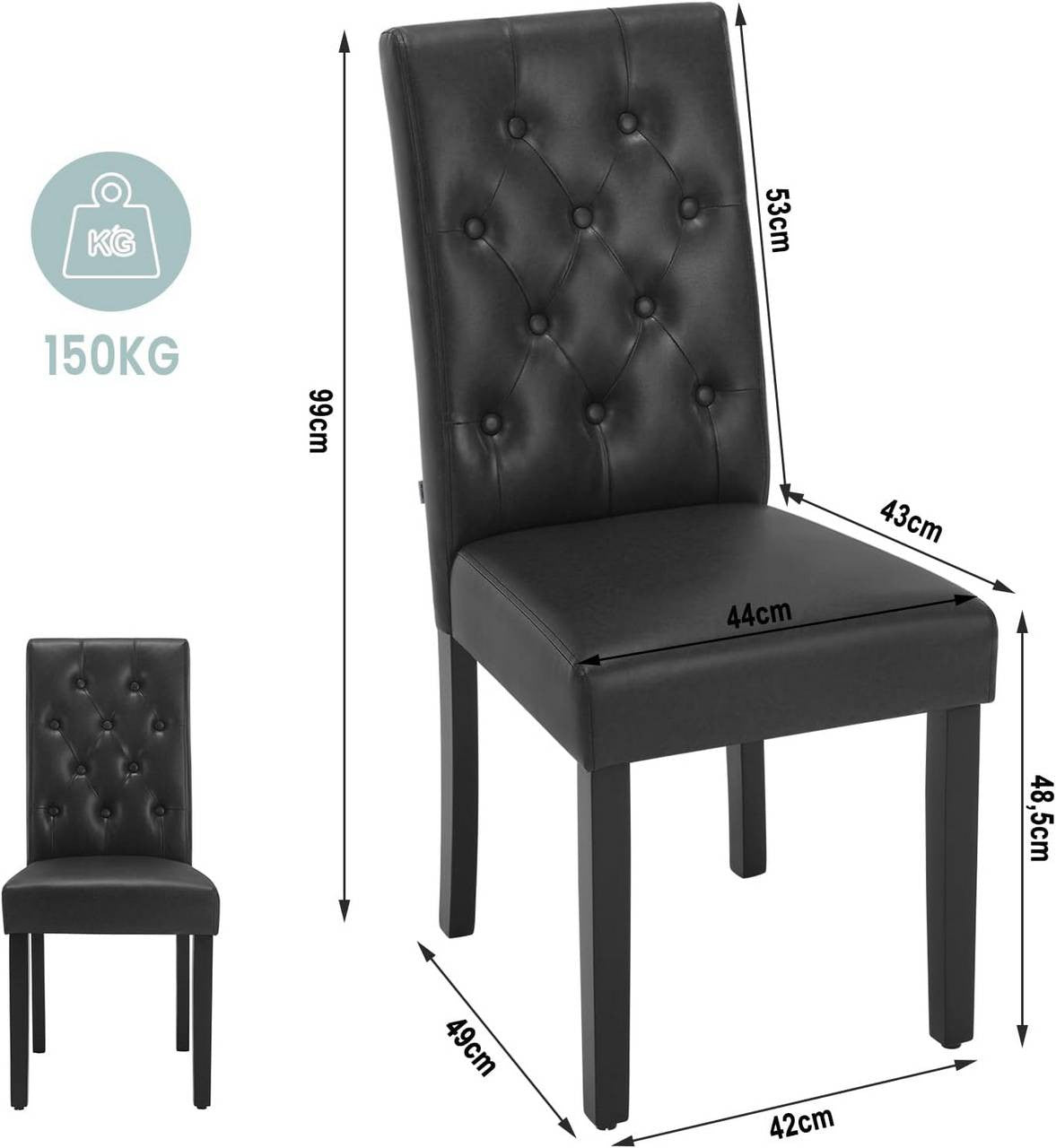 24goodz Dining Chairs Set - Ergonomic Comfort - Durable and Easy to Clean - Faux Leather and Solid Wood - Black - 44 x 99 x 59 cm