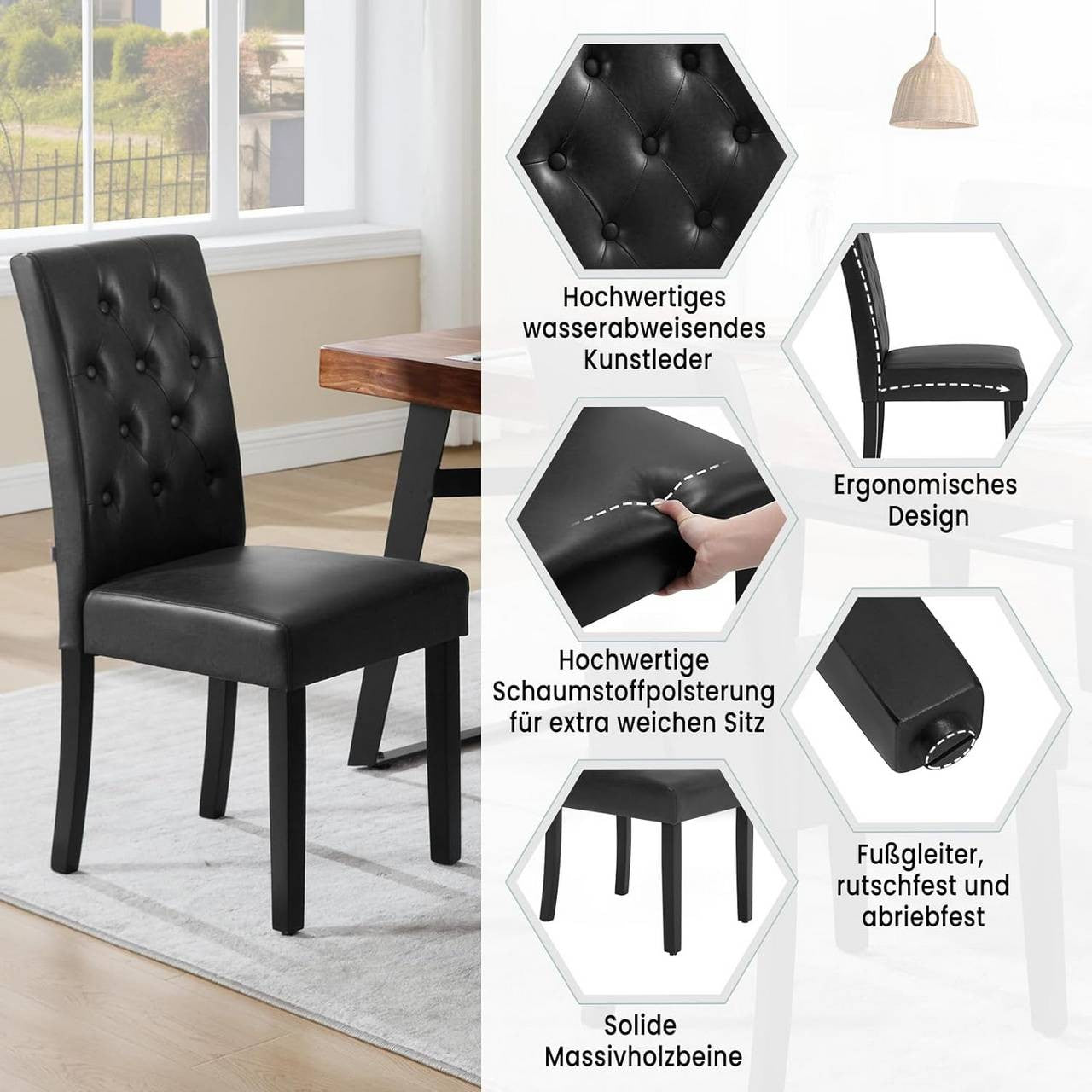 24goodz Dining Chair Set - Ergonomic Comfort - Durable and Easy to Clean - Faux Leather and Solid Wood - Black