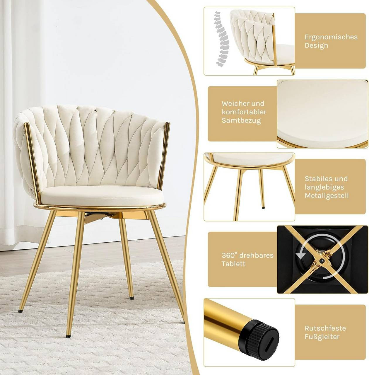 24goodz Ergonomic Dining Chairs - 360° Swivel Function - Velvet and Metal - For Dining Rooms - Beige/Dark Grey/Black