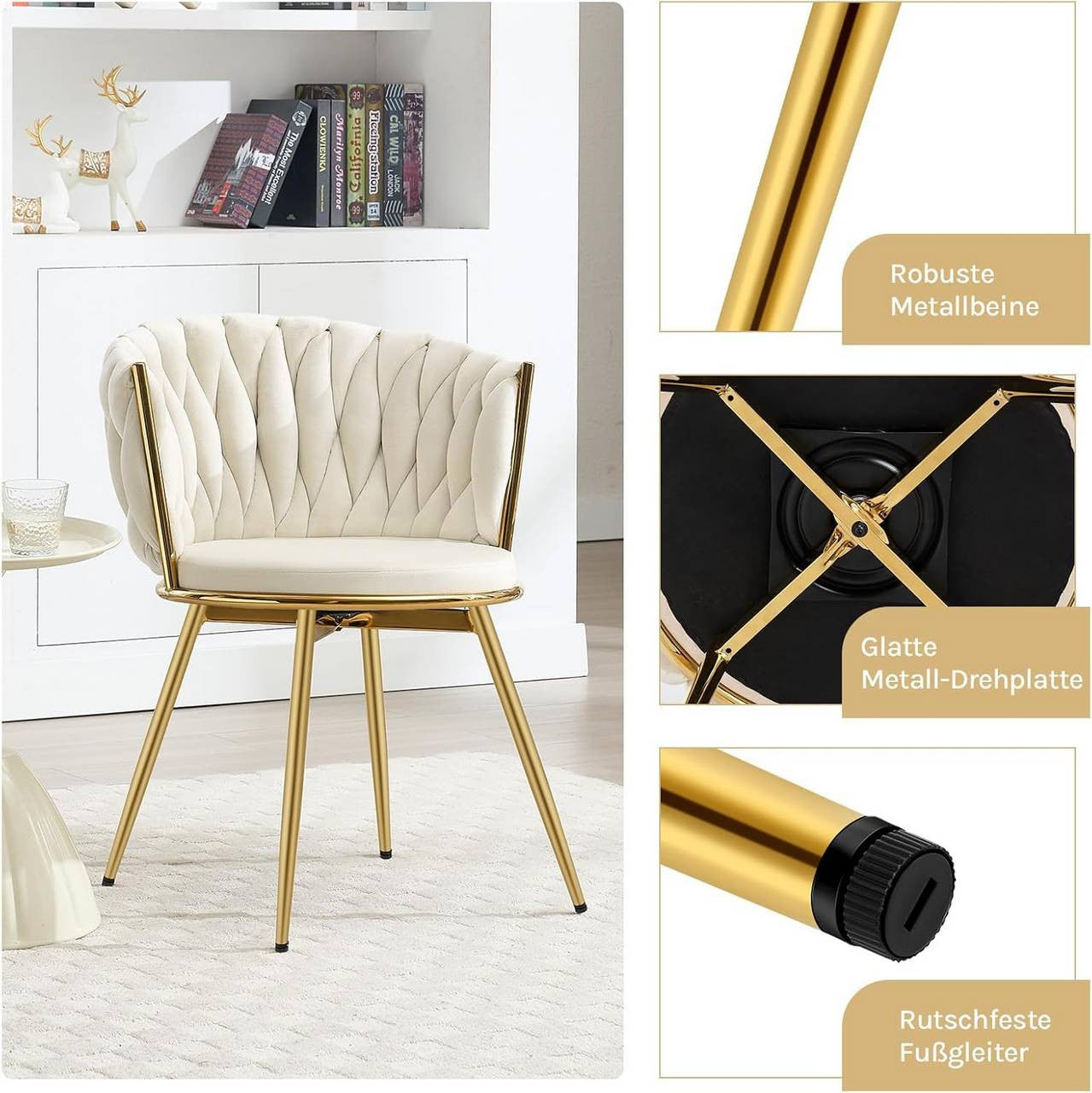 24goodz Ergonomic Dining Chairs - 360° Swivel Function - Velvet and Metal - For Dining Rooms - Beige/Dark Grey/Black