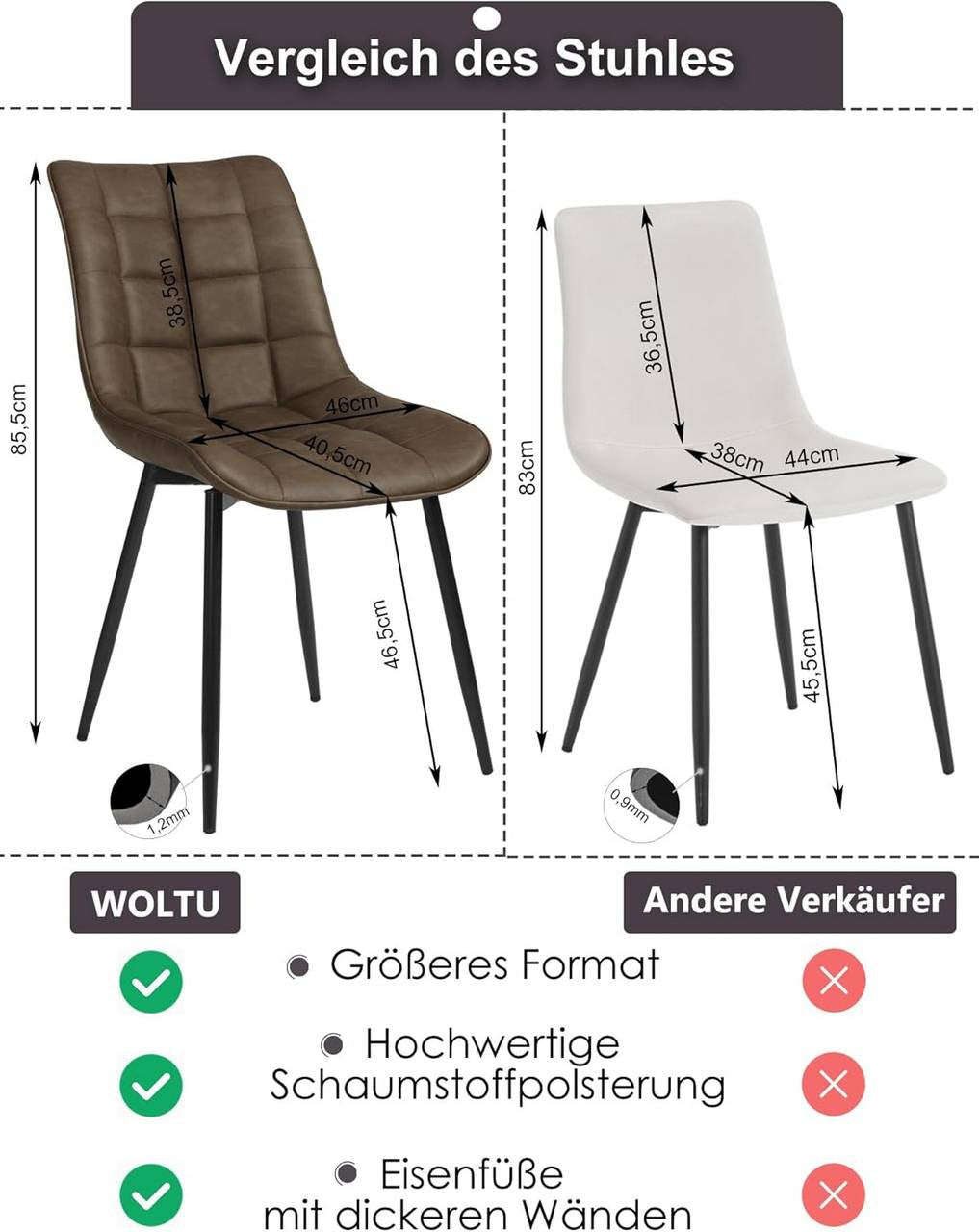24goodz Set of 2 Dining Chairs - Ergonomic Comfort - Easy to Clean - Faux Leather - For Home Use - Brown