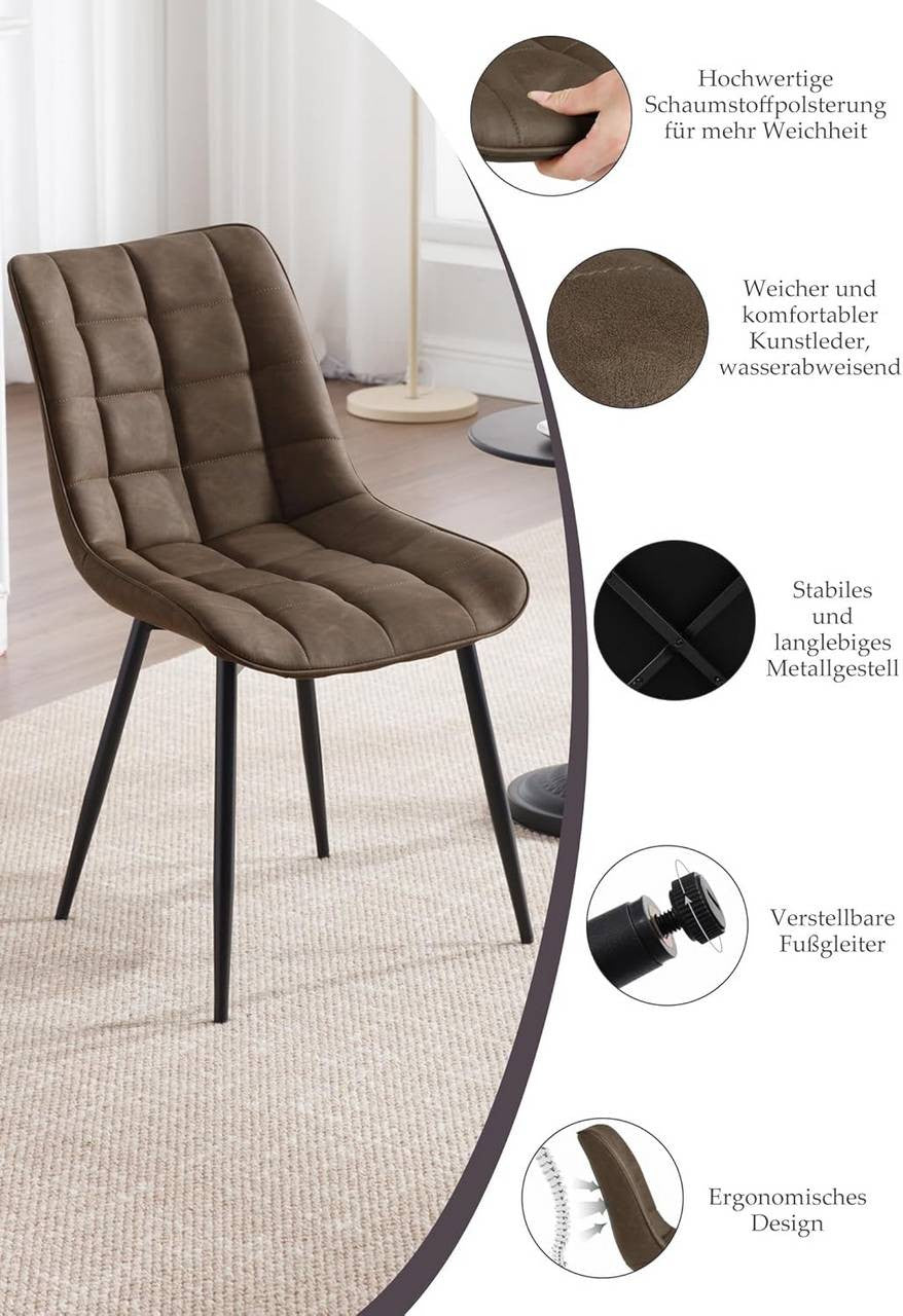24goodz Set of 2 Dining Chairs - Ergonomic Comfort - Easy to Clean - Faux Leather - For Home Use - Brown