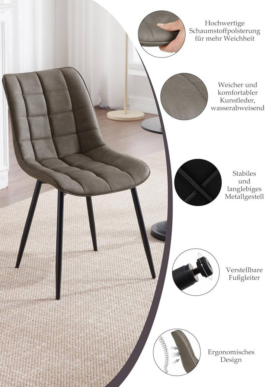 24goodz Set of 2 Dining Chairs - Ergonomic Comfort - Durable Faux Leather - For Home Use - Dark Grey - dgr
