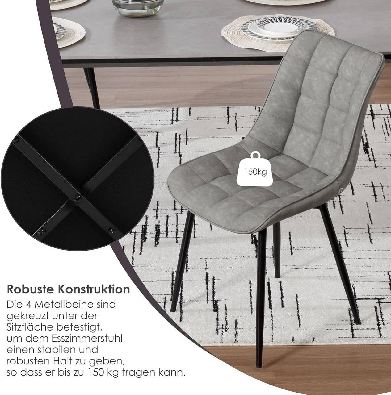24goodz Set of 2 Dining Chairs with Backrest - Ergonomic Comfort - Durable Faux Leather - For Home Use - Grey