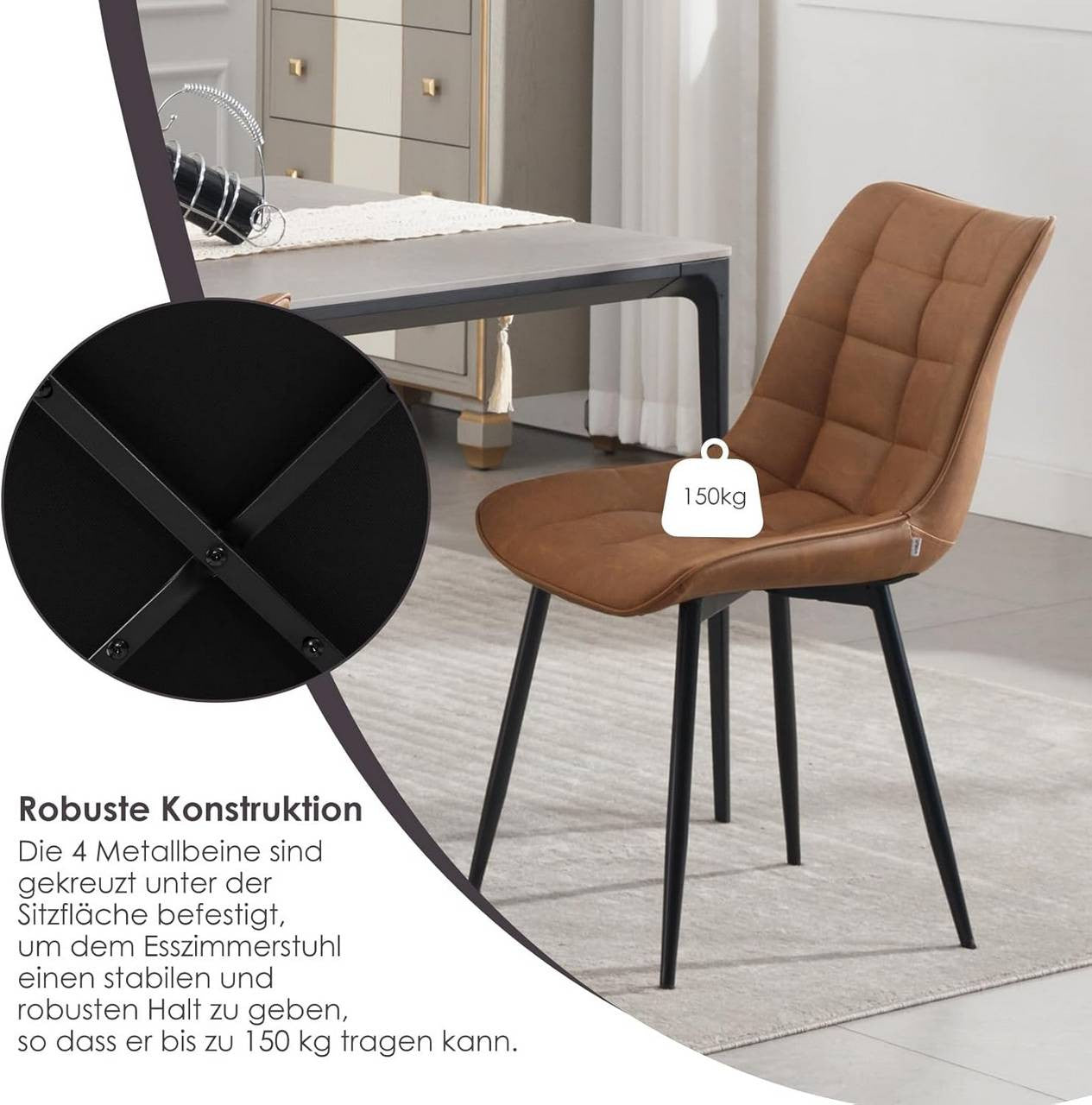 24goodz Set of 2 Dining Chairs with Backrest - Ergonomic Comfort - Easy to Clean Faux Leather - For Every Room - Light Brown - hbr