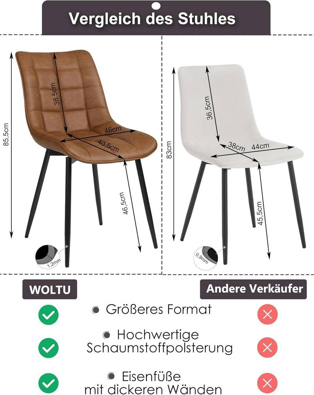 24goodz Set of 2 Dining Chairs with Backrest - Ergonomic Comfort - Easy to Clean Faux Leather - For Every Room - Light Brown - hbr
