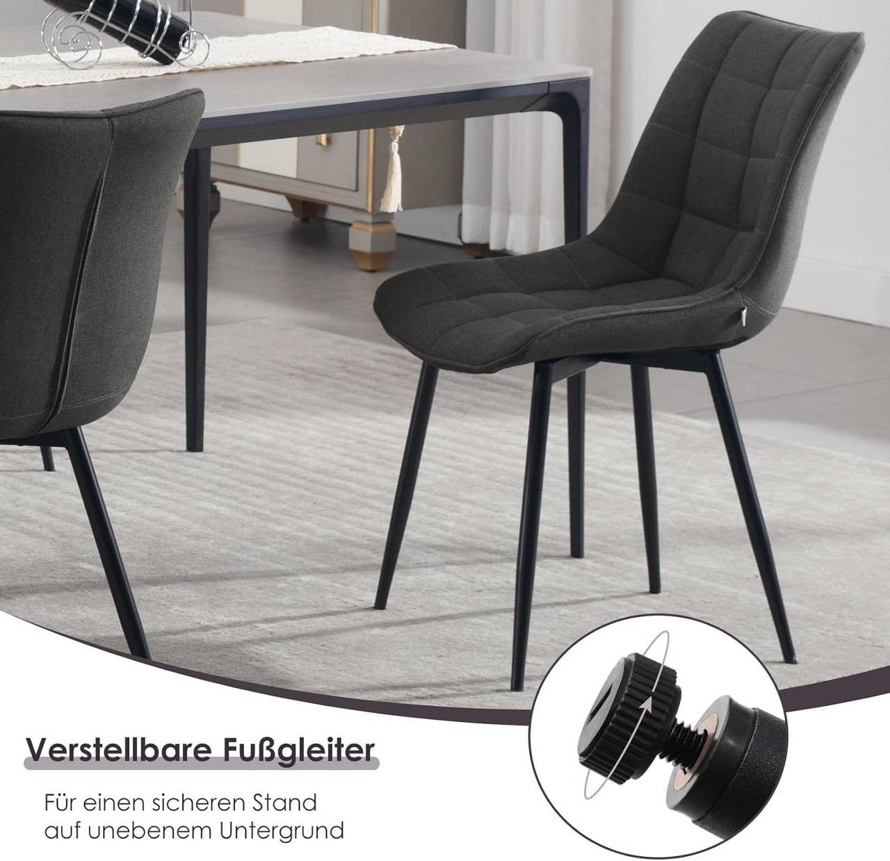 24goodz Set of 4 Dining Chairs - Ergonomic Comfort - Sturdy Metal Legs - Linen - For Home Use - Dark Grey - dgr