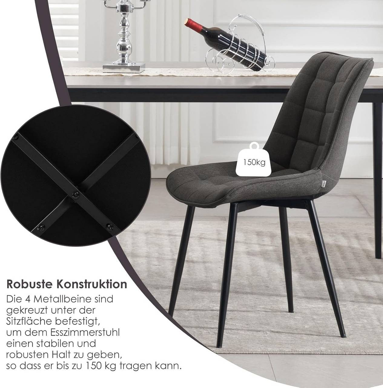24goodz Set of 4 Dining Chairs - Ergonomic Comfort - Sturdy Metal Legs - Linen - For Home Use - Dark Grey - dgr