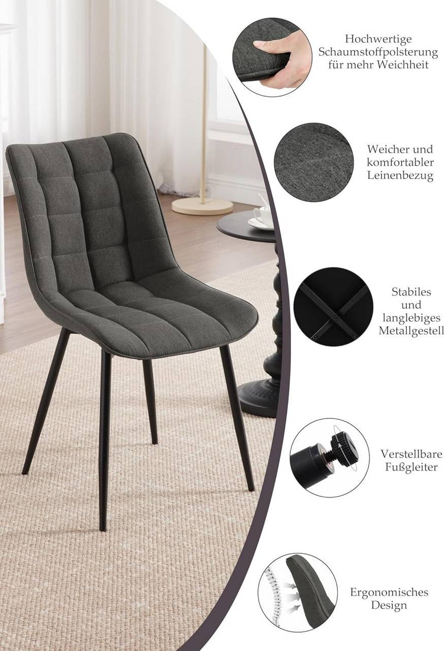 24goodz Set of 4 Dining Chairs - Ergonomic Comfort - Sturdy Metal Legs - Linen - For Home Use - Dark Grey - dgr