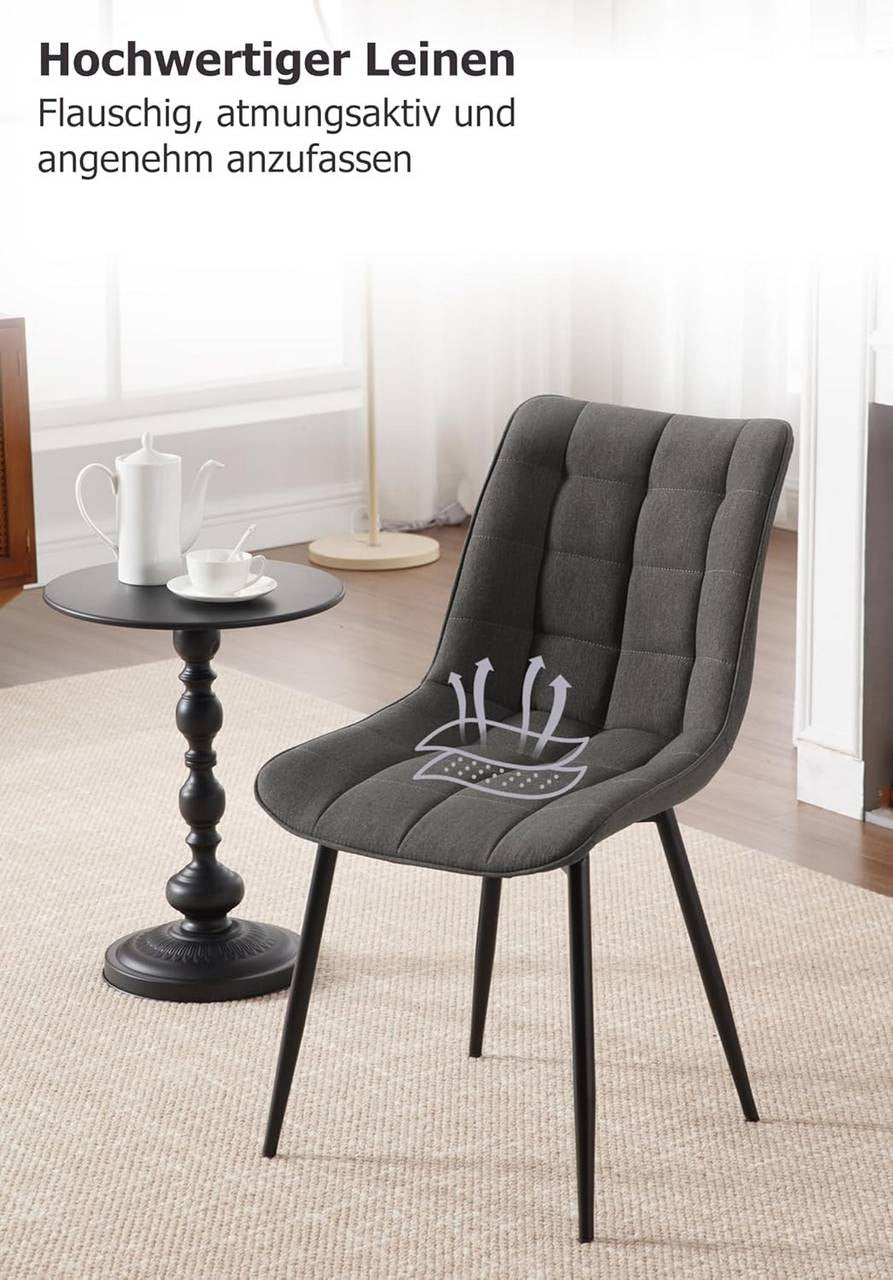 24goodz Set of 4 Dining Chairs - Ergonomic Comfort - Sturdy Metal Legs - Linen - For Home Use - Dark Grey - dgr