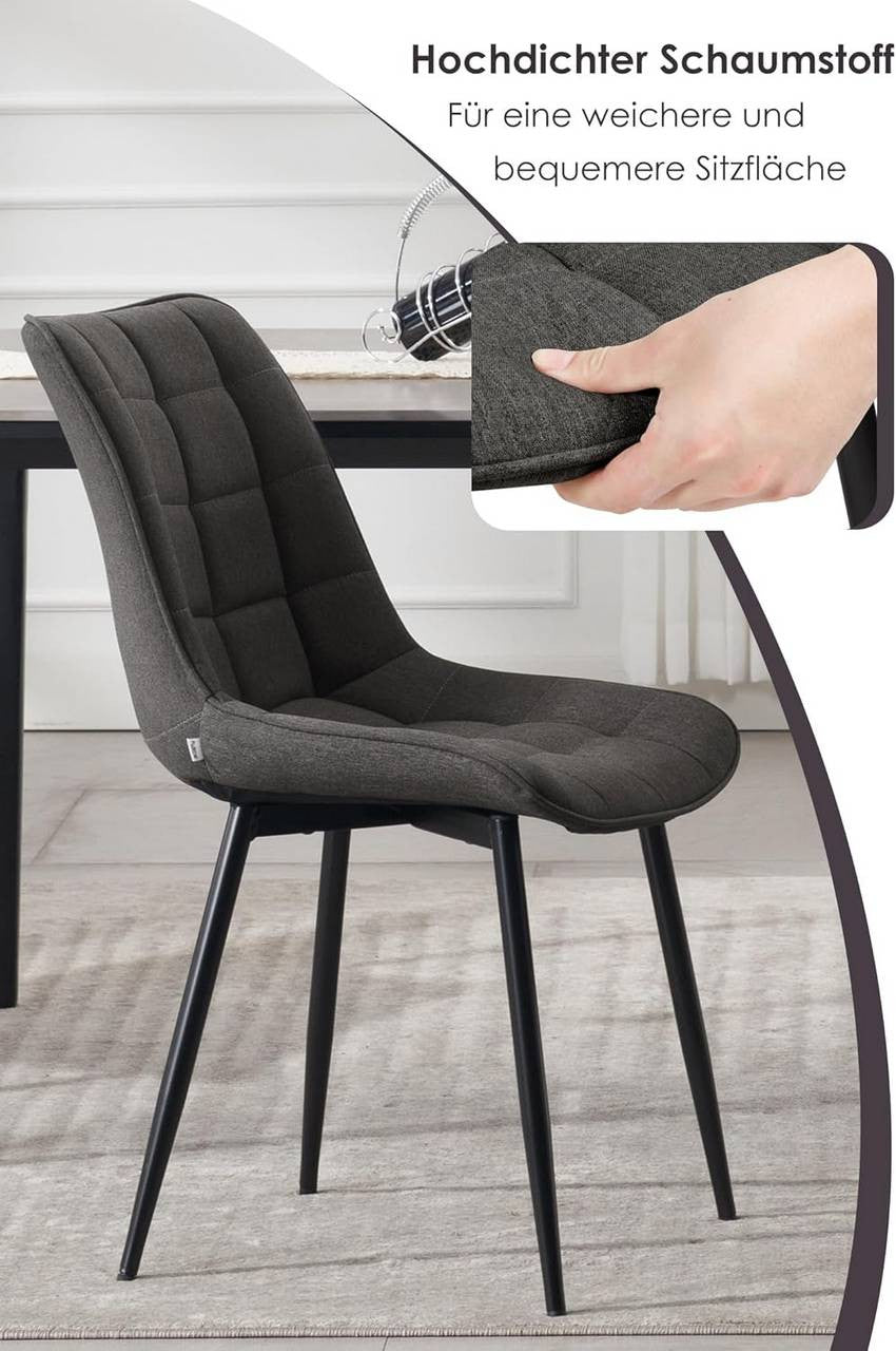 24goodz Set of 4 Dining Chairs - Ergonomic Comfort - Sturdy Metal Legs - Linen - For Home Use - Dark Grey - dgr