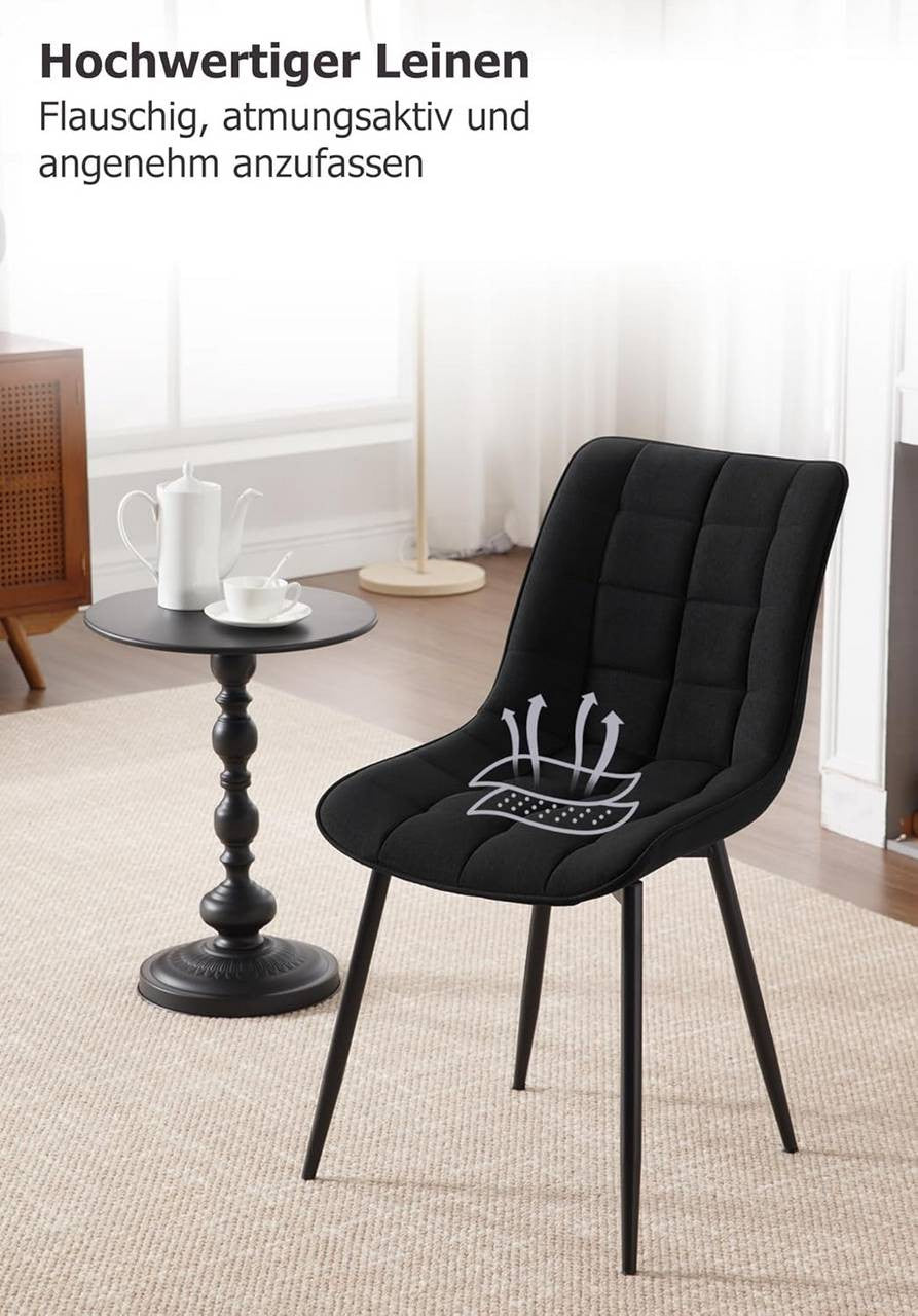 24goodz Set of 2 Dining Chairs with Backrest - Ergonomic Design - High Stability - Linen and Metal - Black - sz