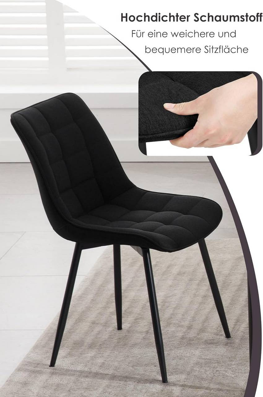 24goodz Set of 2 Dining Chairs with Backrest - Ergonomic Design - High Stability - Linen and Metal - Black - sz