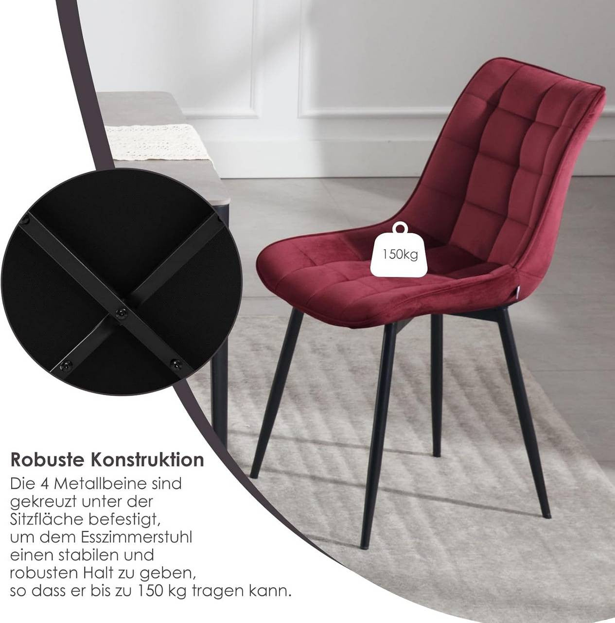 24goodz Set of 2 Dining Chairs with Backrest - Ergonomic Design - Durable Metal Legs - Velvet - For Home Use - Bordeaux - bd