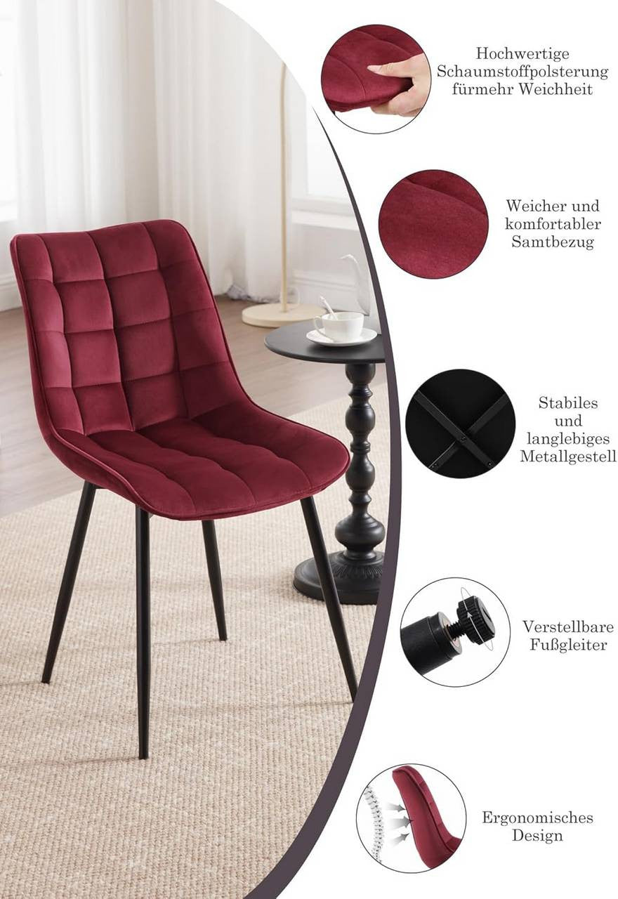 24goodz Dining Chair Set of 4 - Sturdy and Comfortable - Velvet and Metal - For Home Use - Bordeaux - bd